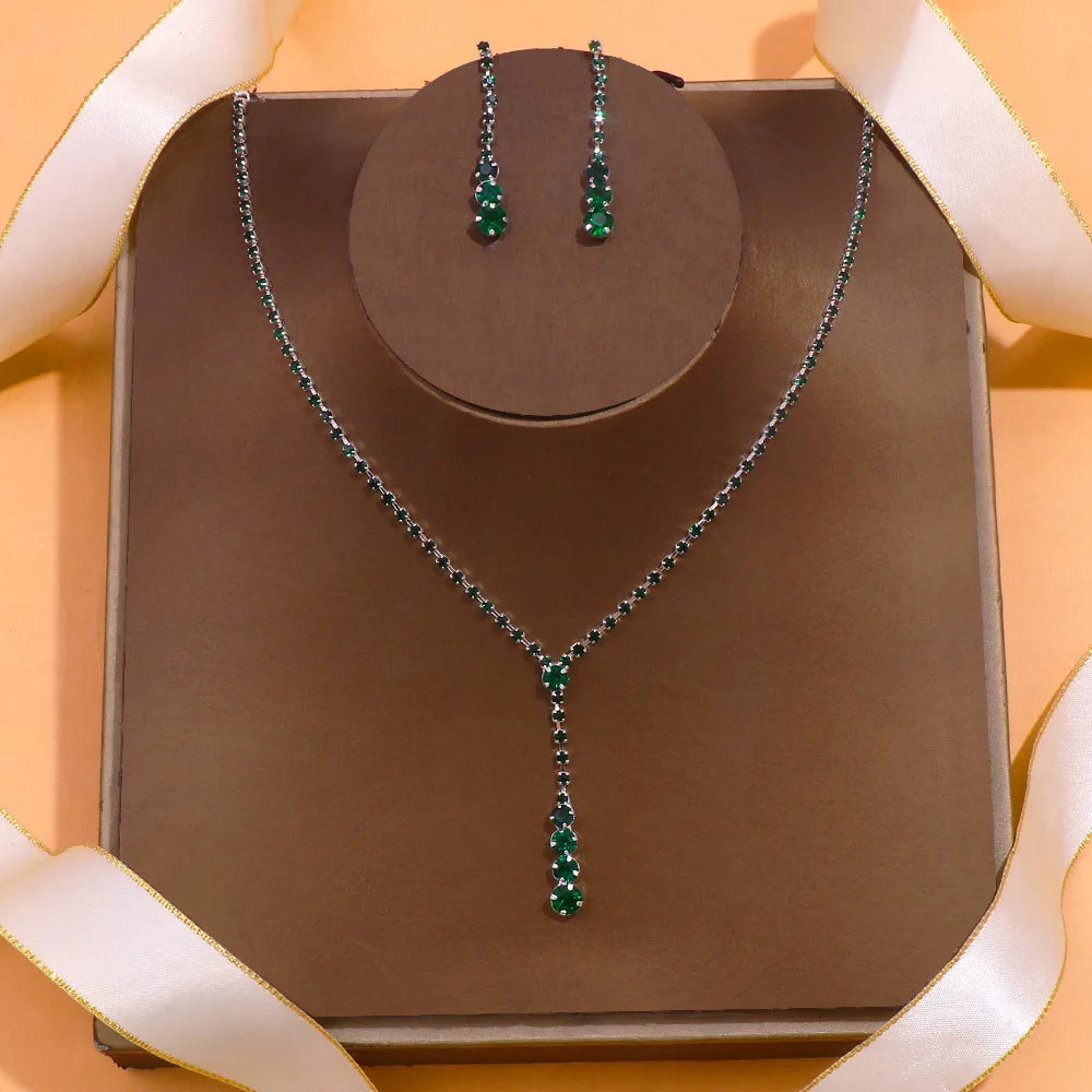 BLIJERY NEW Elegant Tennis Style Jewelry Sets for Women Shiny Royal Blue/Green Necklace Earrings Bridal Wedding Jewelry Set