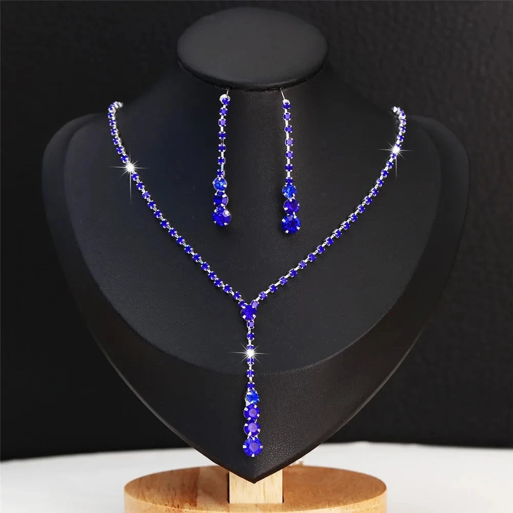 BLIJERY NEW Elegant Tennis Style Jewelry Sets for Women Shiny Royal Blue/Green Necklace Earrings Bridal Wedding Jewelry Set